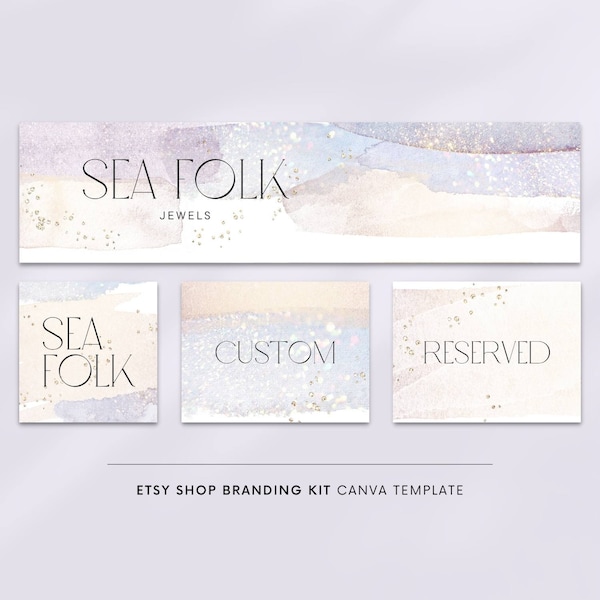 Etsy shop kit, Etsy banner, Canva template, Logos and branding, Etsy branding, Etsy cover photo, Mermaid, Purple watercolor, Gold glitter