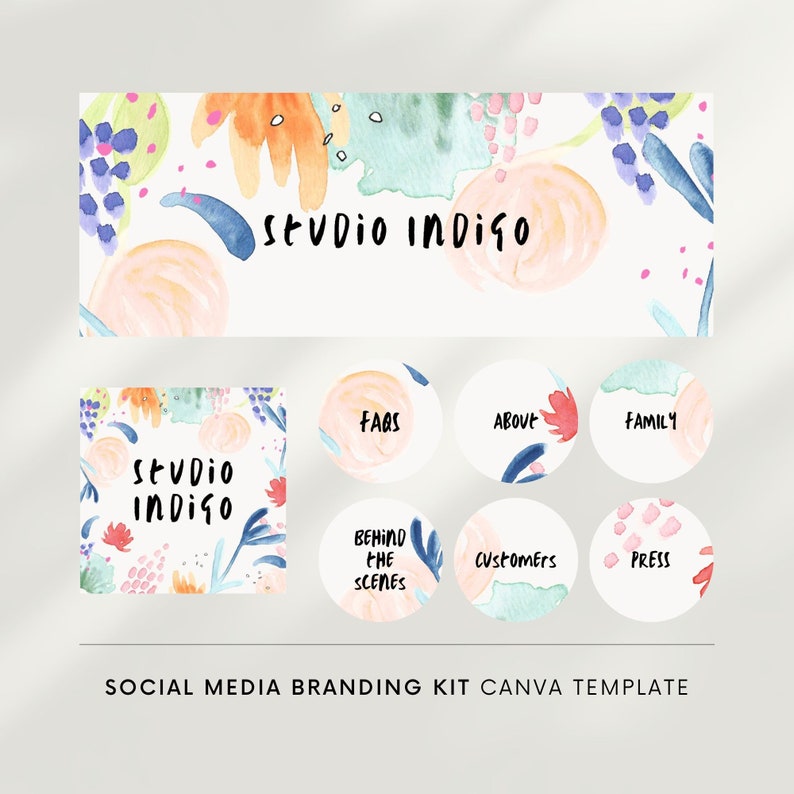 K&ouml;nnte beinhalten: Eine Canva-Vorlage f&uuml;r ein Social-Media-Branding-Kit mit einem Aquarelldesign mit abstrakten Formen und floralen Elementen. Die Vorlage enth&auml;lt ein Banner mit dem Text "studio Indigo" und eine Reihe von kreisf&ouml;rmigen Symbolen mit Text wie "FARS", "ABOUT", "FAMILY", "BEHIND THE SCENES", "CUSTOMERS" und "PRESS".