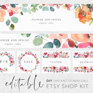 Rainbow etsy shop kit, Etsy banner, Etsy shop banner, Shop branding kit, Watercolor flowers, Editable banner, Banner template, Etsy branding