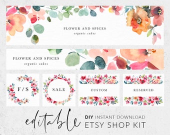 Kit de boutique etsy arc-en-ciel, bannière Etsy, bannière de boutique Etsy, kit de marque de boutique, fleurs aquarelles, bannière modifiable, modèle de bannière, marque Etsy