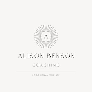 May include: A black and white logo design for Alison Benson Coaching. The logo features a stylized sunburst with the letter "A" in the center. The text "Alison Benson Coaching" is below the sunburst, and the text "Logo Canva Template" is below that. The text "www.designsformakers.com" is at the bottom of the image.