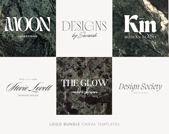 May include: A set of six logo templates featuring a variety of styles and text. The logos are displayed on a marble background. The logos include: Moon Advertising, Designs by Savanah, Kin Modern Beauty, Stevie Lovett Interior Design, The Glow Modern Skincare, and Design Society Creative Agency.