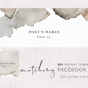 Pu&ograve; includere: Un download digitale per un kit Facebook con uno sfondo ad acquerello e il testo "POET'S WARES linen co." e "matching DIY INSTANT DOWNLOAD FACEBOOK KIT SEE LISTING FOR LINK".