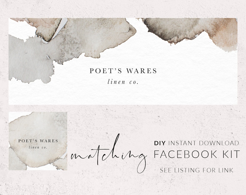 Pu&ograve; includere: Un download digitale per un kit Facebook con uno sfondo ad acquerello e il testo "POET'S WARES linen co." e "matching DIY INSTANT DOWNLOAD FACEBOOK KIT SEE LISTING FOR LINK".