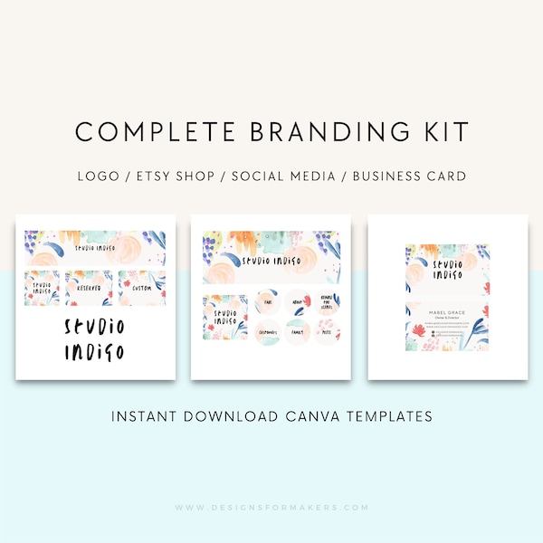 Canva branding kit templates, Branding package, Watercolor flowers, Etsy shop kit, Logo design template, DIY business card, Social media kit