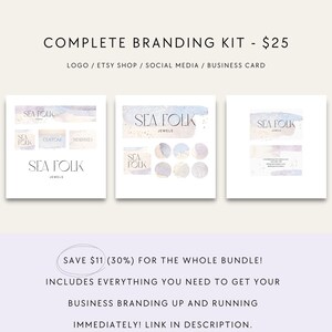 Op de afbeelding: Een brandingkit voor een juweliersbedrijf genaamd "Sea Folk Jewels". De kit bevat een logo, social media graphics en een visitekaartje. Het ontwerp heeft een aquarel achtergrond met een lichtblauw en roze kleurenschema.