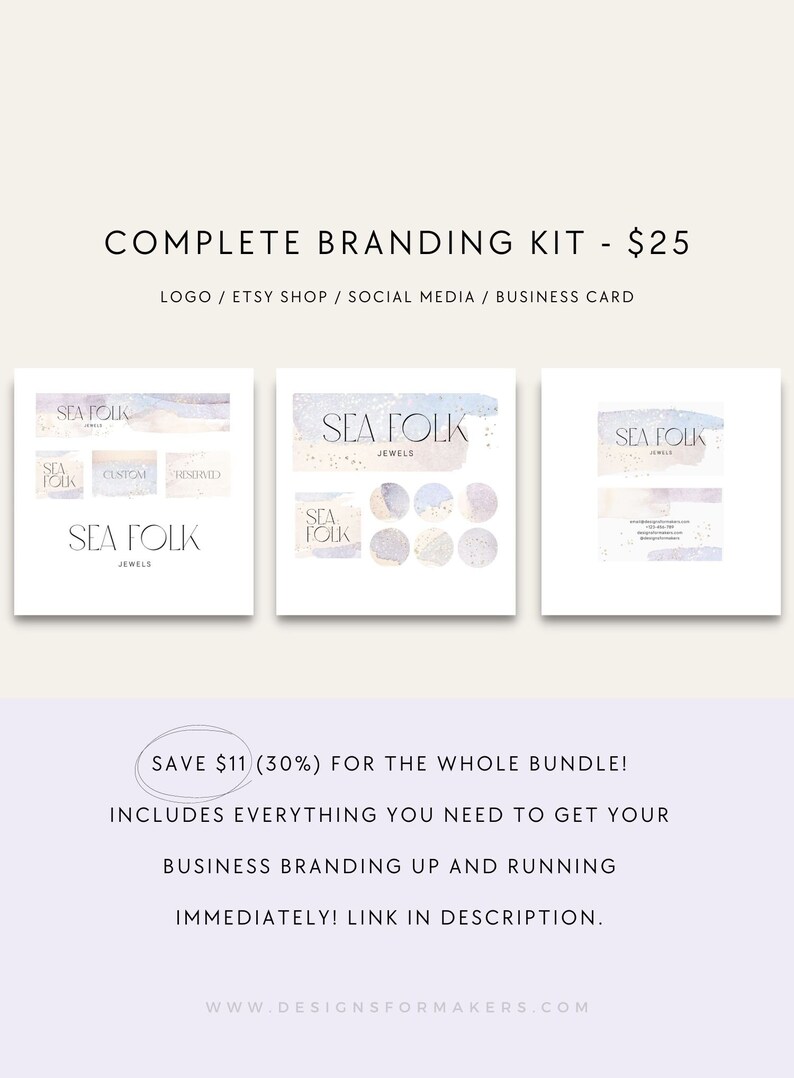 Op de afbeelding: Een brandingkit voor een juweliersbedrijf genaamd "Sea Folk Jewels". De kit bevat een logo, social media graphics en een visitekaartje. Het ontwerp heeft een aquarel achtergrond met een lichtblauw en roze kleurenschema.