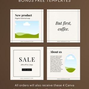 Op de afbeelding: Vier Instagram-posttemplates met een witte achtergrond en zwarte randen. De eerste template toont een groene heuvel met een witte wolk en blauwe lucht. De tekst luidt "Nieuw product" en "Organische botanische zeep". De tweede template toont een witte wolk en blauwe lucht met een groene heuvel. De tekst luidt "Maar eerst, koffie.". De derde template toont een groene heuvel met een witte wolk en blauwe lucht. De tekst luidt "UITVERKOOP" en "20% korting voor 2 dagen". De vierde template toont een groene heuvel met een witte wolk en blauwe lucht. De tekst luidt "Over ons".