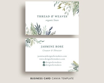 Business card template Canva, Watercolor greenery, Green leaves, Nature organic branding, Boho business, Natural small business, Eco brand