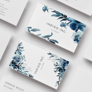 Indigo Aquarell Visitenkarte, Visitenkarten, Bearbeitbare Visitenkartenvorlage, Aquarell blaue Blumen, Feminine Visitenkarte, Templett