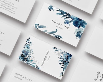 Indigo watercolor business card, Business cards, Editable business card template, Watercolor blue flowers, Feminine business card, Templett
