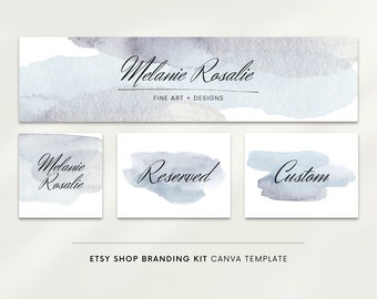 Etsy banner and icon, Canva templates, Blue silver watercolor wash Etsy shop graphics, Etsy shop design, Premade banner, Calligraphy font