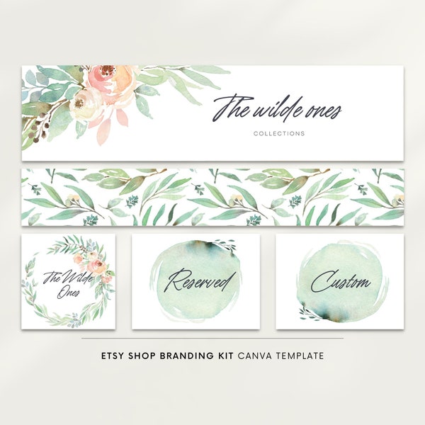 Etsy banner and icon, Canva templates, Spring watercolor flowers greenery, Etsy shop design, Premade banner, Calligraphy font, Etsy shop kit