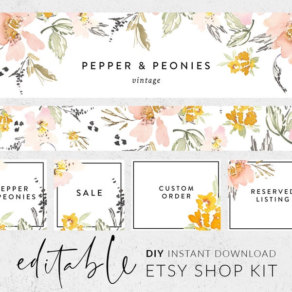 Etsy banners, Etsy branding kit, Etsy shop graphics, Cover image, Etsy shop banner, Shop kit, Banner set, Shop icon, DIY banner template