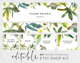 Etsy graphics, Etsy shop banners, Editable banners, Templett banners, Tropical business branding, Premade banners, Watercolor greenery