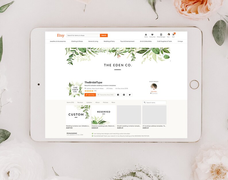 May include: A screenshot of an Etsy shop page for The Eden Co., a shop selling wedding invitation templates. The shop's logo is a green wreath with the text "The Eden Co." in white. The shop's banner image is a watercolor illustration of greenery. The shop's name is "The Bridal Type" and the shop's tagline is "Beautiful editable wedding invitation templates". The shop's rating is 5 stars. The shop's social media links are Facebook, Instagram, and Twitter. The shop's website is www.thebridaltype.com. The shop's contact information is available on the page. The shop's products are listed on the page. The shop's policies are available on the page.