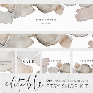 Pu&ograve; includere: Kit negozio Etsy modificabile con sfondo acquerello in tonalit&agrave; di marrone e grigio. Il kit include uno stendardo, quattro modelli quadrati e il testo "POET'S WARES linen co.", "SALE", "custom" e "reserved".