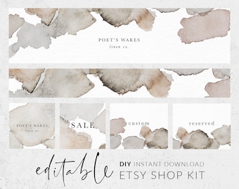 Etsy cover template, Etsy shop banner, Etsy shop kit, Earthy colors, Watercolor stains, Classic logo, Branding set, Shop kit, Etsy branding
