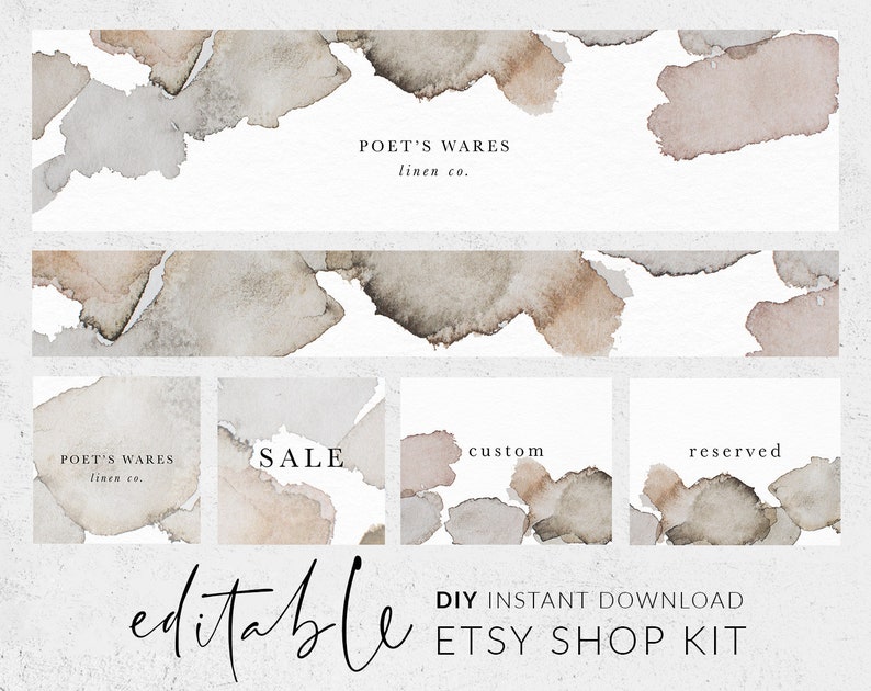 Pu&ograve; includere: Kit negozio Etsy modificabile con sfondo acquerello in tonalit&agrave; di marrone e grigio. Il kit include uno stendardo, quattro modelli quadrati e il testo "POET'S WARES linen co.", "SALE", "custom" e "reserved".