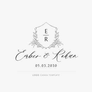 Custom wedding crest design, Wedding logo design, Wedding monogram, Canva logo, Couples initials logo, Logo with shield, Calligraphy logo