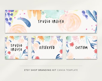 Etsy banner and icon, Canva template, Watercolor Etsy shop graphics, Etsy shop design, Premade banner, Handwritten font, Abstract flowers