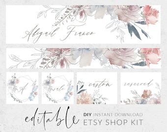 Etsy banners, Etsy branding kit, Etsy shop graphics, Cover image, Shop icon, Botanical line art, Rustic watercolor flowers, Banner download