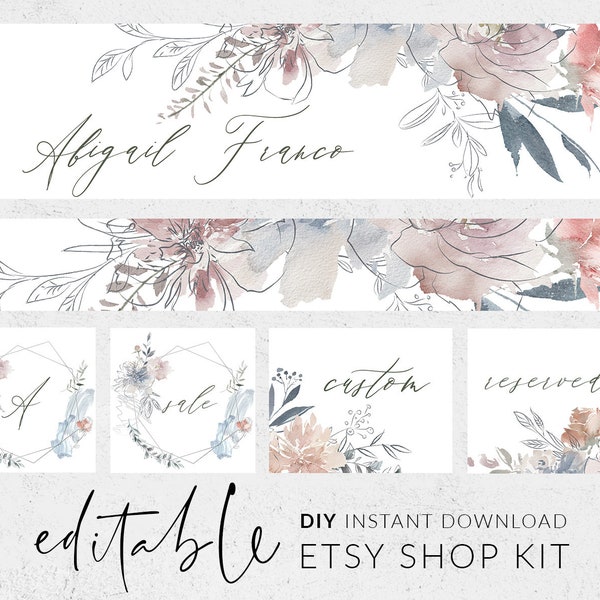 Etsy banners, Etsy branding kit, Etsy shop graphics, Cover image, Shop icon, Botanical line art, Rustic watercolor flowers, Banner download