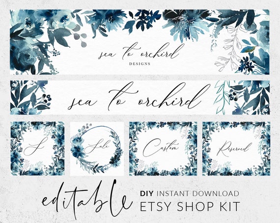 Floral banner set Indigo blue ink Delft blue flower Premade etsy banner Etsy branding Etsy cover photo Blue etsy banner Etsy shop set