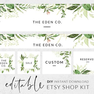 Etsy shop design, Set etsy banner, Etsy shop kit template, Watercolor greenery banner for Etsy, Etsy store banner, DIY Etsy banner set image 1