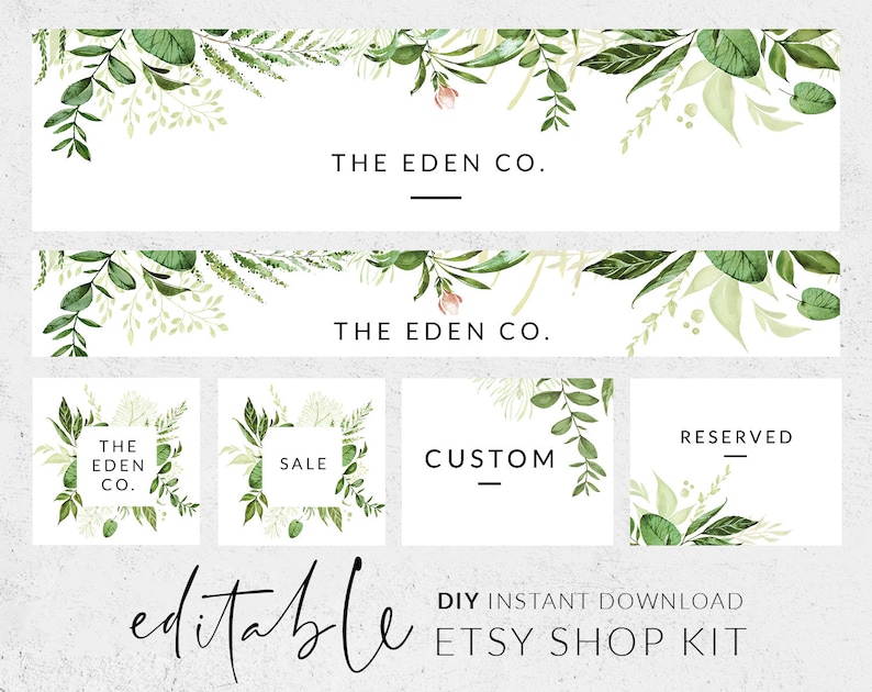 Conception de boutique Etsy, ensemble bannière etsy, modèle de kit de boutique Etsy, bannière de verdure aquarelle pour Etsy, bannière de magasin Etsy, ensemble de bannière Etsy bricolage image 1