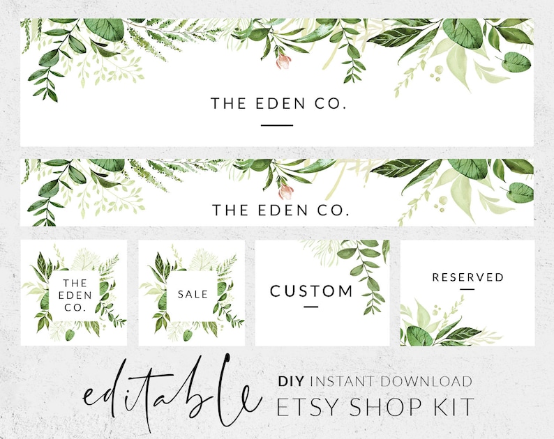 Etsy shop design, Set etsy banner, Etsy shop kit template, Watercolor greenery banner for Etsy, Etsy store banner, DIY Etsy banner set image 1