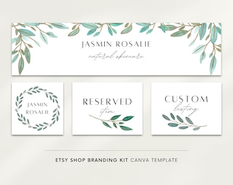 Watercolor greenery Etsy banner kit, Eucalyptus leaves, Canva Etsy shop banner set,  Watercolor leaves, Green gold, Etsy shop kit, Shop icon