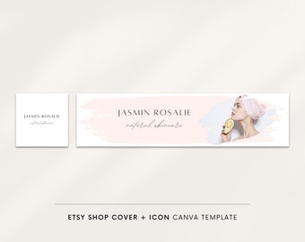 May include: A pink and white Etsy shop cover template with a woman holding an avocado. The text "JASMINE ROSALIE natural skincare" is displayed on the template.