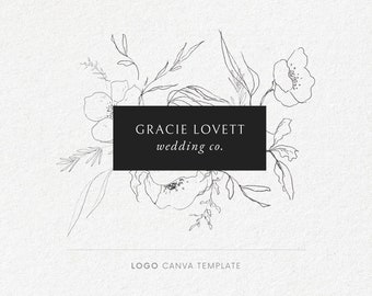 Conception de logo floral, modèle de logo Canva, logo de bordure florale, logo de cadre floral, logo féminin, dessin au trait floral, polices classiques, Boho loho