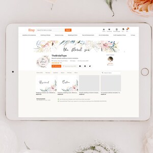 Pode incluir: P&aacute;gina da loja Etsy para TheBridalType, com designs florais em aquarela. A loja oferece modelos de convite de casamento imprim&iacute;veis, cart&otilde;es RSVP e modelos de endere&ccedil;o de envelope. O nome da loja &eacute; "The Floral Sea" e a propriet&aacute;ria da loja &eacute; "Shop Owner".