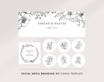 Könnte beinhalten: Eine Social-Media-Branding-Kit-Vorlage mit minimalistischem Design. Das Kit enthält ein Banner, ein Logo und kreisförmige Grafiken, alle mit zarten floralen Linienzeichnungen in Schwarz und Weiß. Der Text "THREAD & WEAVES organic linen" wird angezeigt.