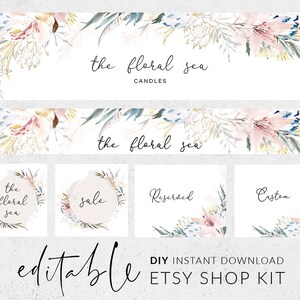 Pode incluir: Kit de loja Etsy edit&aacute;vel com designs florais em aquarela. O kit inclui uma faixa com o texto "the floral sea candles", uma faixa menor com o texto "the floral sea", e quatro designs quadrados com o texto "the floral sea", "sale", "Reserved", e "Custom".