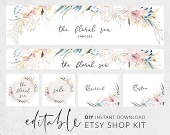 May include: Editable Etsy shop kit with watercolor floral designs. The kit includes a banner with the text "the floral sea candles", a smaller banner with the text "the floral sea", and four square designs with the text "the floral sea", "sale", "Reserved", and "Custom".