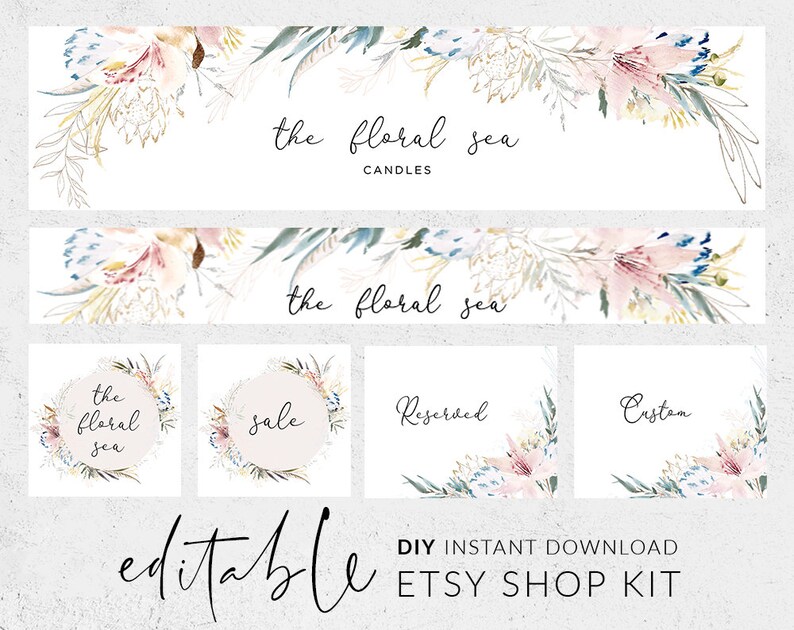 Pode incluir: Kit de loja Etsy edit&aacute;vel com designs florais em aquarela. O kit inclui uma faixa com o texto "the floral sea candles", uma faixa menor com o texto "the floral sea", e quatro designs quadrados com o texto "the floral sea", "sale", "Reserved", e "Custom".