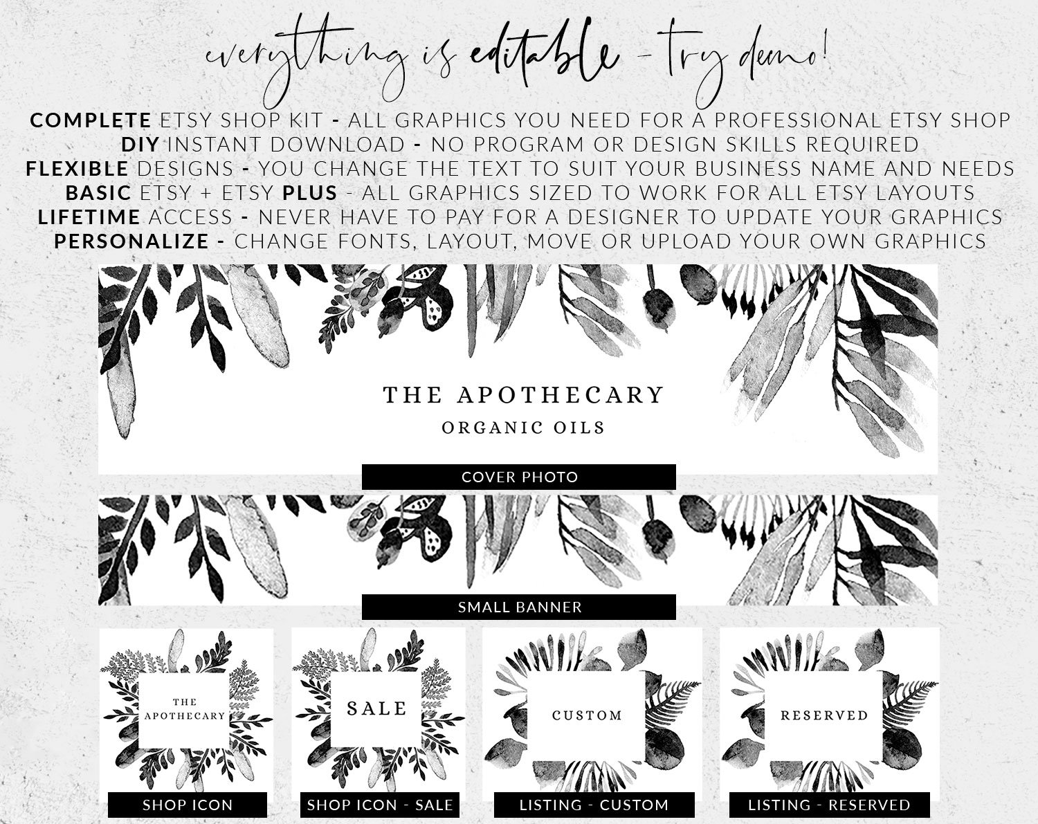 Black and white etsy banner Etsy branding kit Etsy shop Etsy