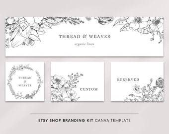 Banner da loja Etsy, modelo Canva, banner Etsy, kit de loja Etsy, conjunto de banner floral, arte de linha botânica, marca minimalista, ícone de banner Etsy