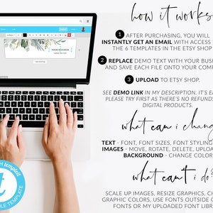 Pode incluir: Um computador port&aacute;til com uma tela mostrando um site com um design floral verde e branco. O texto na tela diz "Your Business" e "Editable Template". O texto na tela tamb&eacute;m diz "How it works", "What can I change?" e "What can't I do?"