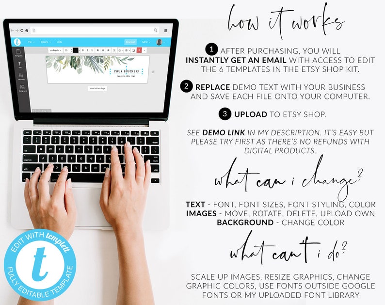 Pode incluir: Um computador port&aacute;til com uma tela mostrando um site com um design floral verde e branco. O texto na tela diz "Your Business" e "Editable Template". O texto na tela tamb&eacute;m diz "How it works", "What can I change?" e "What can't I do?"