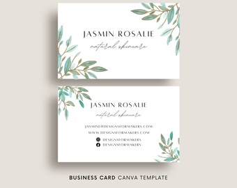 May include: A business card template with a green and gold floral design. The text on the card reads "Jasmin Rosalie, natural skincare". The card also includes the website address "jasmine@designsformakers.com", "www.designsformakers.com", and social media handles for Instagram and Facebook.