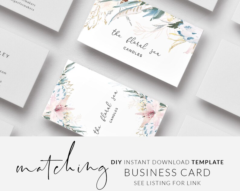 Pode incluir: Dois cart&otilde;es de visita com um design floral em aquarela. O texto nos cart&otilde;es diz "the floral sea candles".