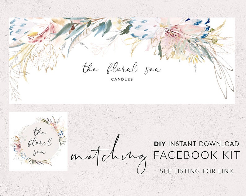 Pode incluir: Um download digital para um kit do Facebook com um design floral em aquarela. O design apresenta uma coroa de flores e folhagem com o texto "the floral sea candles". O texto "matching DIY INSTANT DOWNLOAD FACEBOOK KIT SEE LISTING FOR LINK" tamb&eacute;m est&aacute; inclu&iacute;do.