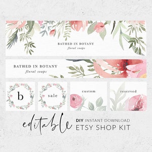 Etsy banner set, Etsy shop banner, Branding set, Watercolor peonies, Watercolor roses, Garden flowers, Editable banner, Shop kit, Branding