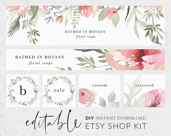 Etsy banner set, Etsy shop banner, Branding set, Watercolor peonies, Watercolor roses, Garden flowers, Editable banner, Shop kit, Branding