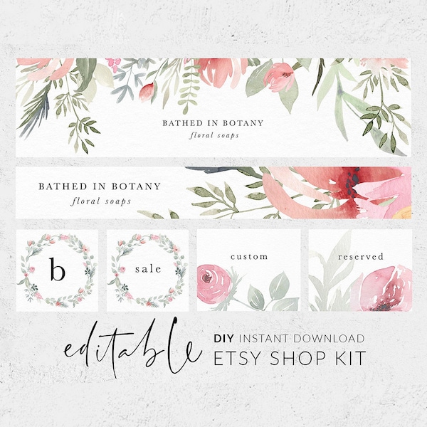 Etsy banner set, Etsy shop banner, Branding set, Watercolor peonies, Watercolor roses, Garden flowers, Editable banner, Shop kit, Branding