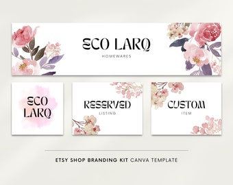 Etsy banner set, Etsy cover image, Canva, Watercolor floral banner, Etsy shop icon, Elegant boho brand, Etsy store graphics, Small business